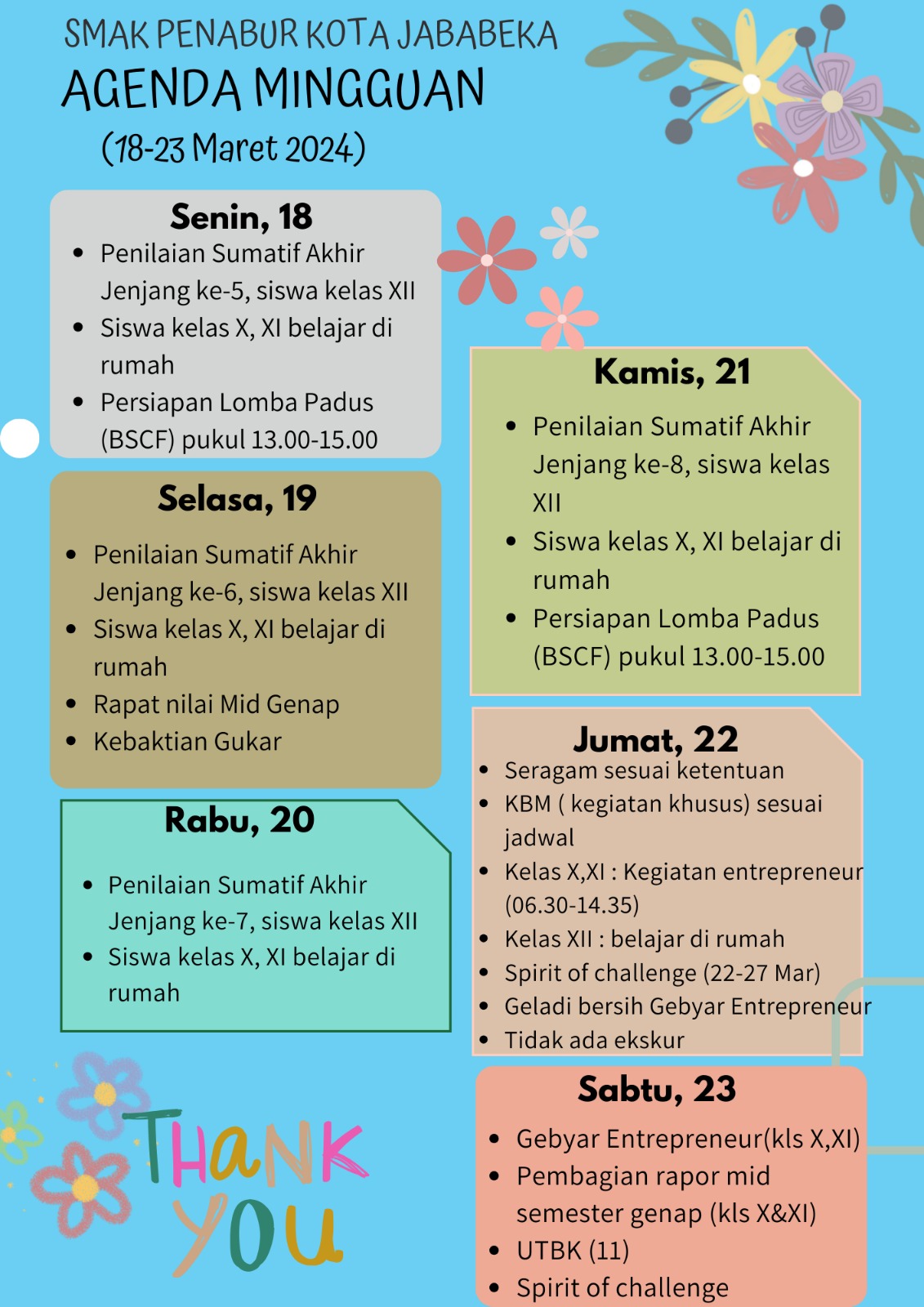 Jadwal Mingguan, 18 Maret - 23 Maret 2024