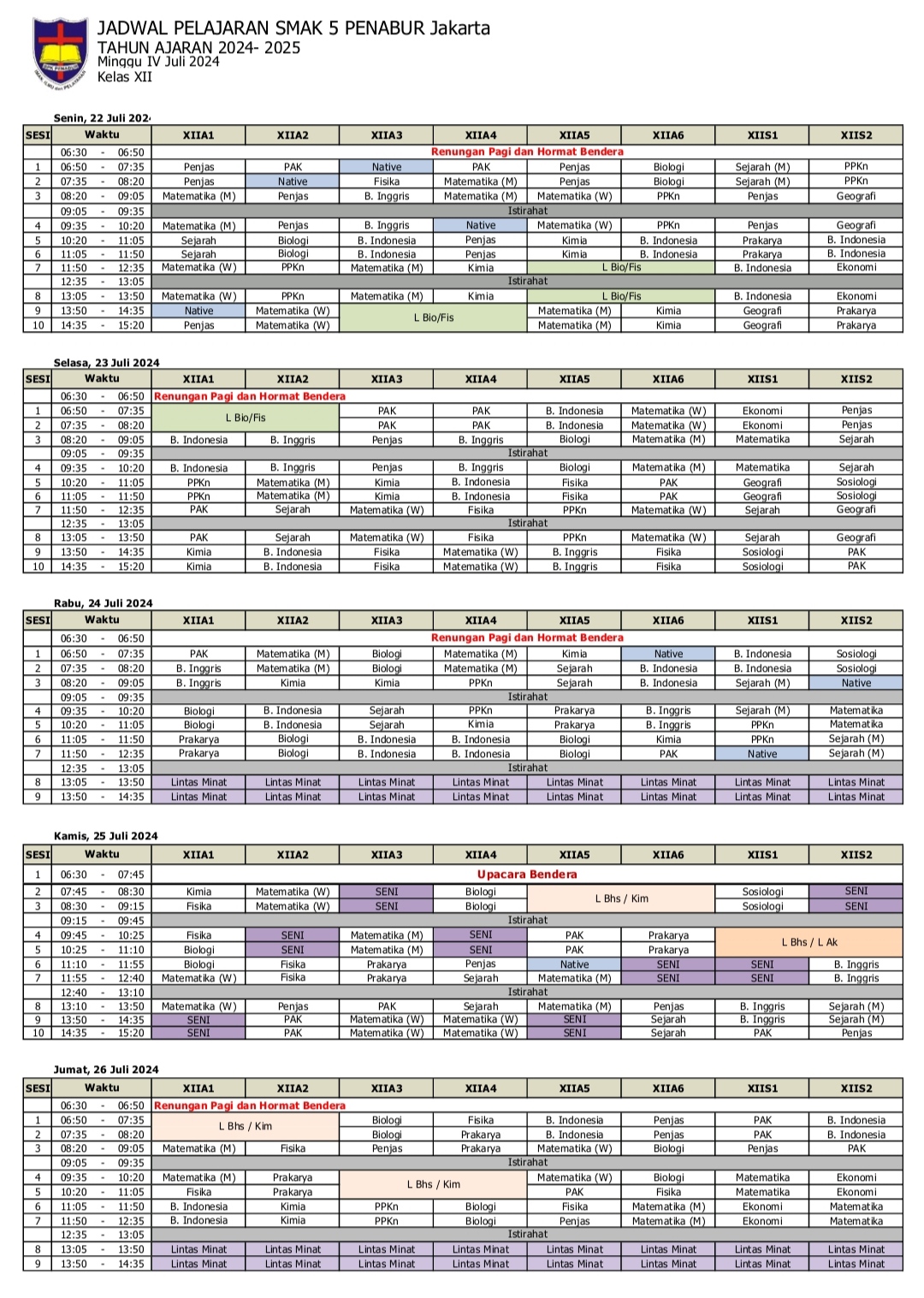 Jadwal Pelajaran Kelas XII SMAK 5 PENABUR Jakarta Tahun Pelajaran 2024-2025 Minggu IV Juli 2024