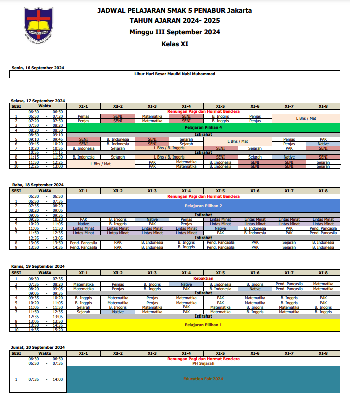 Jadwal Pelajaran Kelas XI SMAK 5 PENABUR Jakarta Tahun Pelajaran 2024-2025 Minggu III September 2024