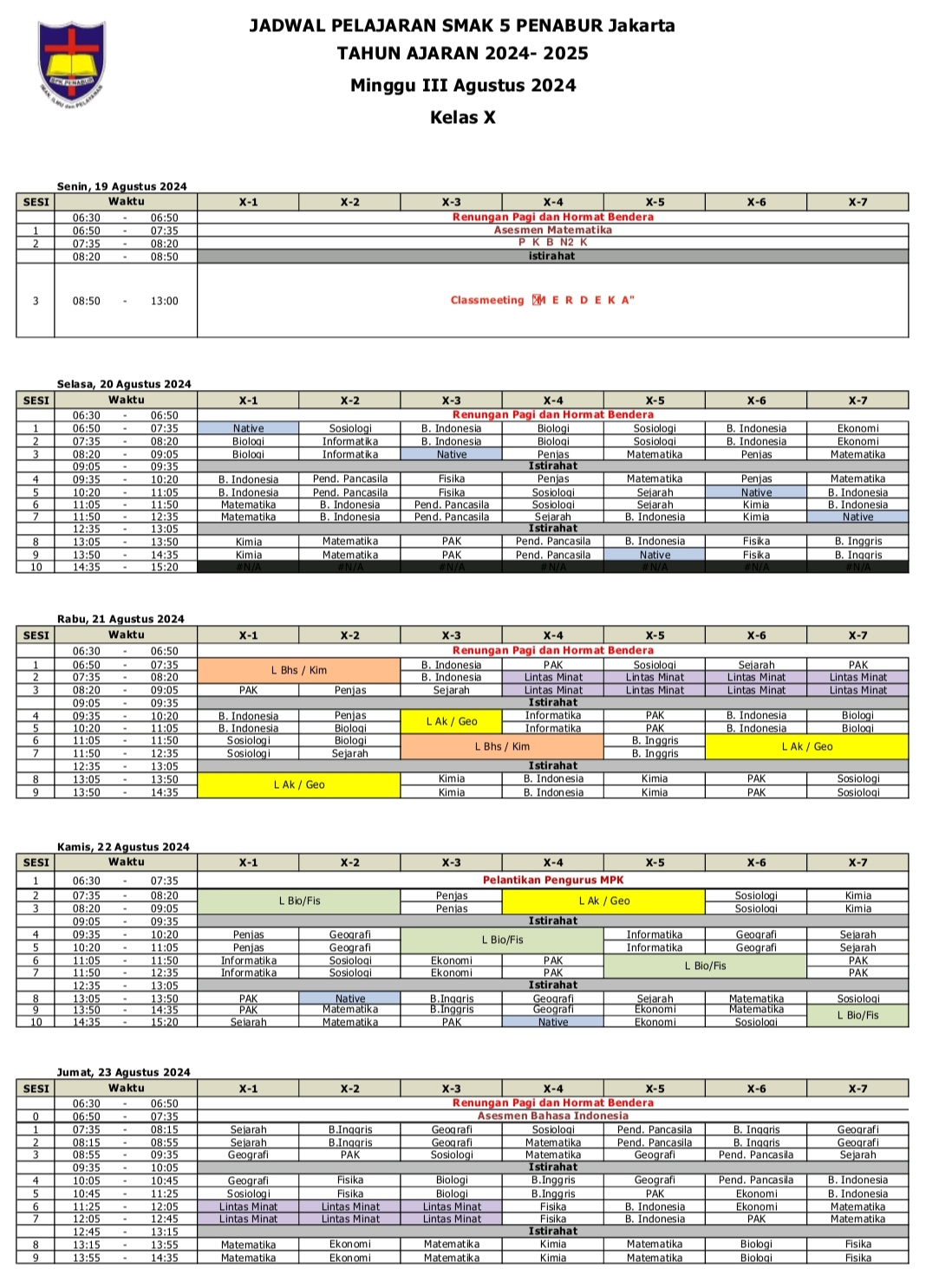 Jadwal Pelajaran Kelas X SMAK 5 PENABUR Jakarta Tahun Pelajaran 2024-2025 Minggu III Agustus 2024