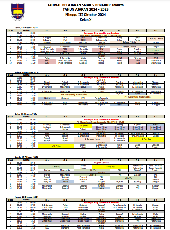 Jadwal Pelajaran Kelas XII SMAK 5 PENABUR Jakarta Tahun Pelajaran 2024-2025 Minggu III Oktober 2024