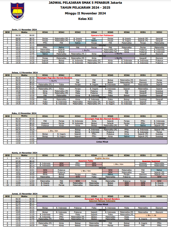 Jadwal Pelajaran Kelas XII SMAK 5 PENABUR Jakarta Tahun Pelajaran 2024-2025 Minggu II November 2024