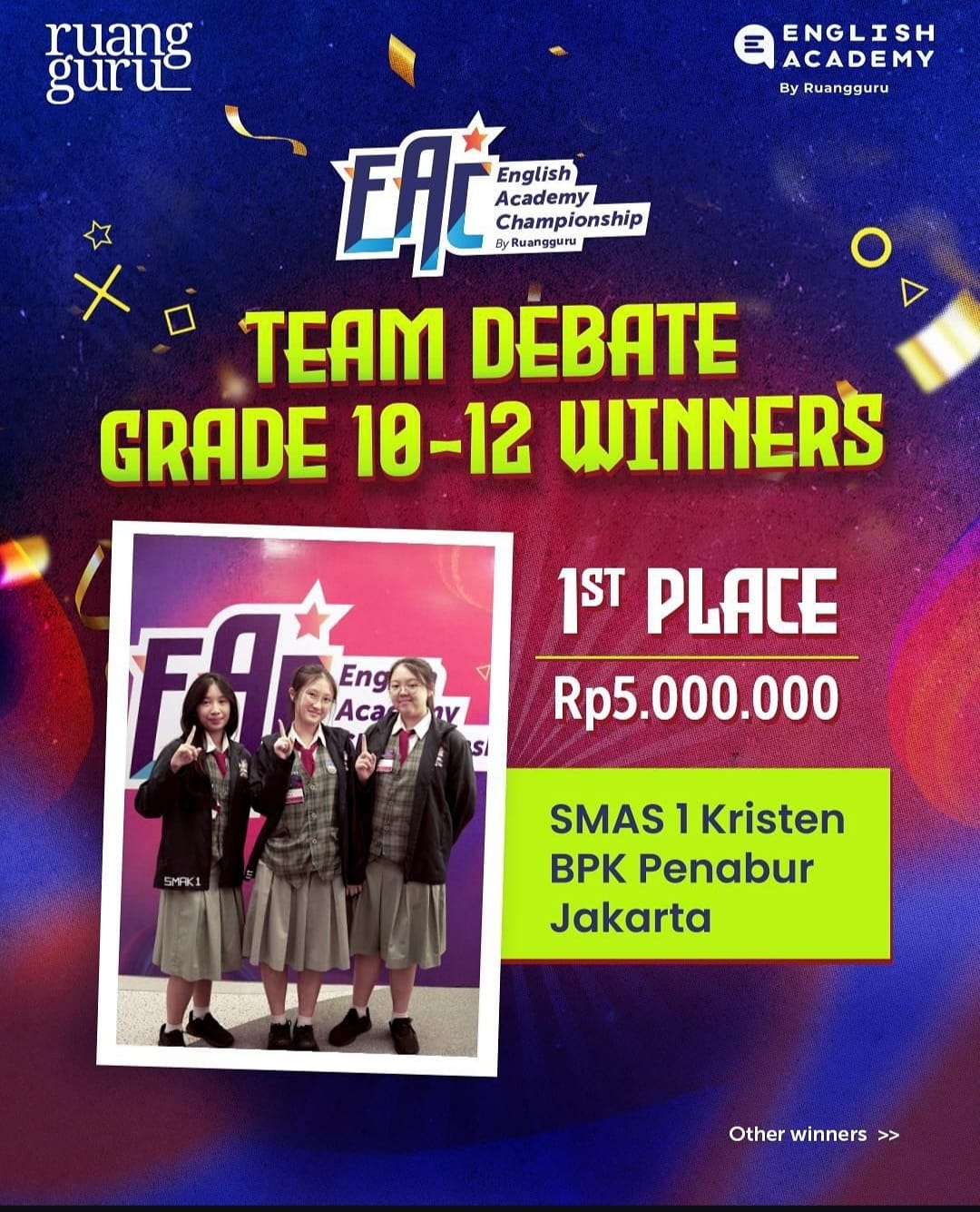 SMAK 1 PENABUR Jakarta meraih Juara 1 di English Academy Championship by Ruang Guru