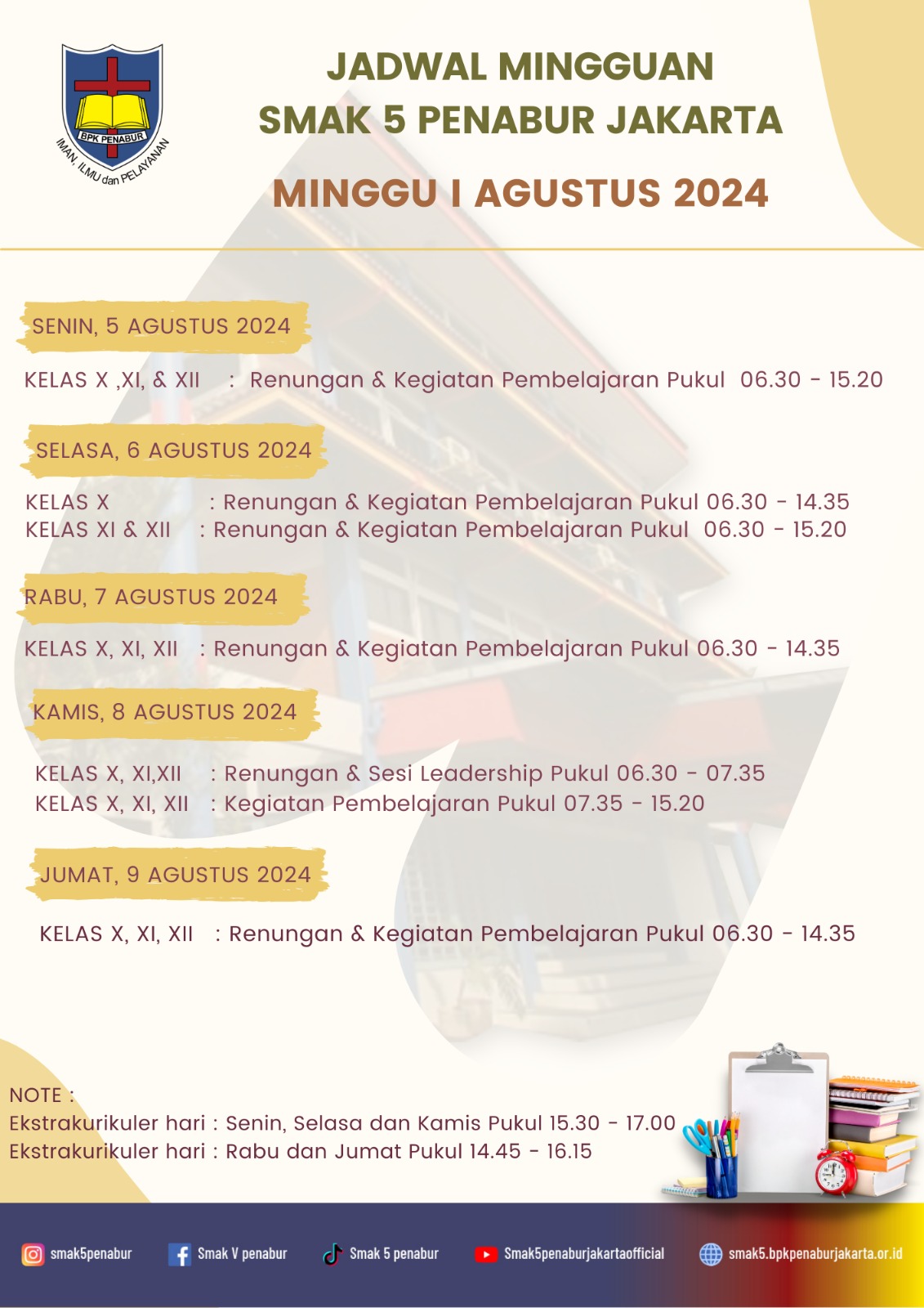 Jadwal Minggu I Agustus 2024 SMAK 5 PENABUR Jakarta