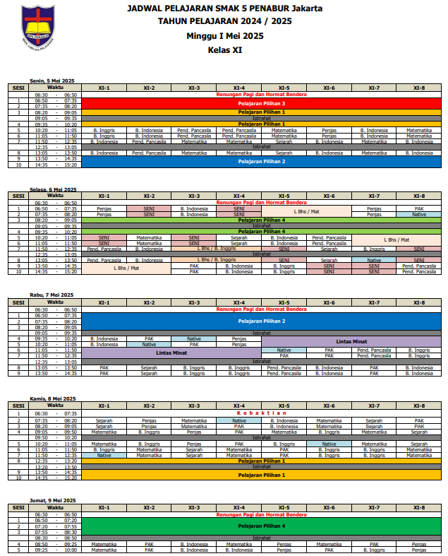 Jadwal Pelajaran Kelas XI SMAK 5 PENABUR Jakarta Tahun Pelajaran 2024-2025 Minggu I Mei 2025