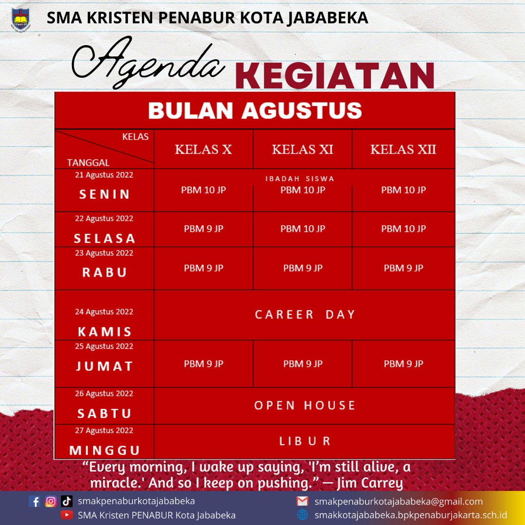 Jadwal Mingguan : 21 Agustus - 27 Agustus 2023