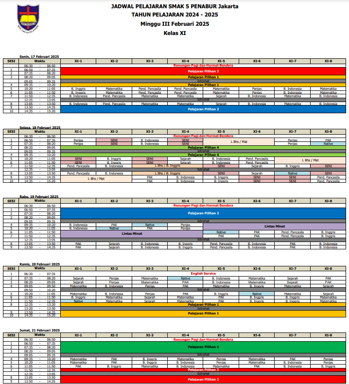 Jadwal Pelajaran Kelas XI SMAK 5 PENABUR Jakarta Tahun Pelajaran 2024-2025 Minggu III Februari 2025