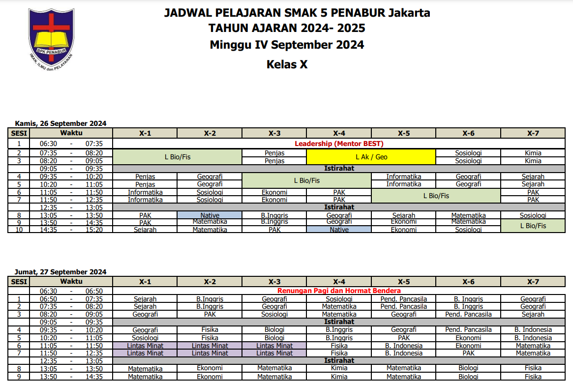 Jadwal Pelajaran Kelas X SMAK 5 PENABUR Jakarta Tahun Pelajaran 2024-2025 Minggu IV September 2024