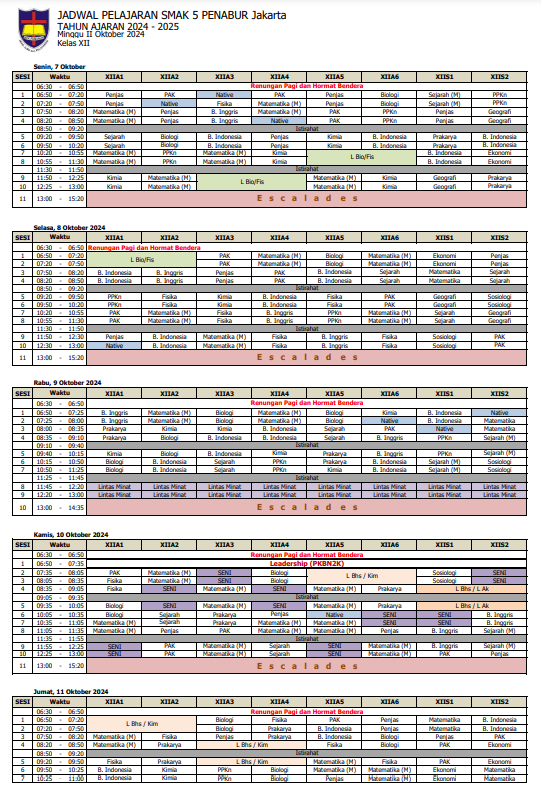 Jadwal Pelajaran Kelas XII SMAK 5 PENABUR Jakarta Tahun Pelajaran 2024-2025 Minggu II Oktober 2024