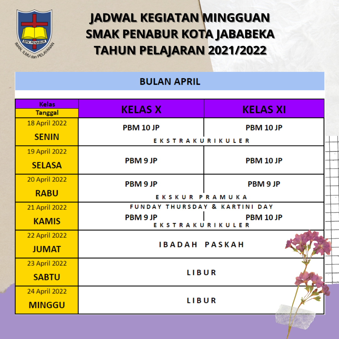 JADWAL MINGGUAN 18-24 APRIL 2022