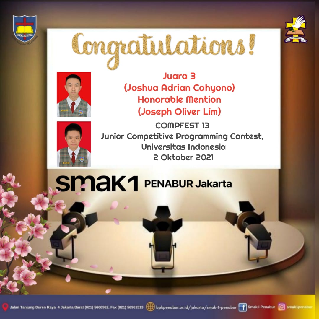 Prestasi Siswa SMAK 1 PENABUR Jakarta dalam Junior Competitive Programming Contest UI  2 Oktober 2021