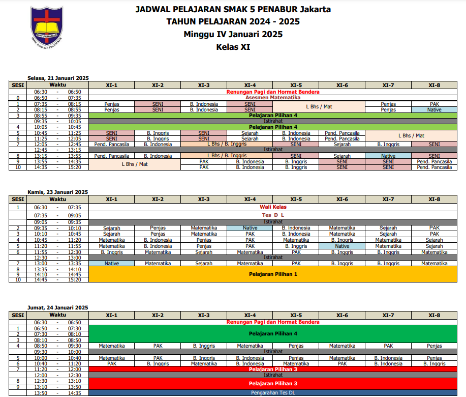 Jadwal Pelajaran Kelas XI SMAK 5 PENABUR Jakarta Tahun Pelajaran 2024-2025 Minggu IV Januari 2025