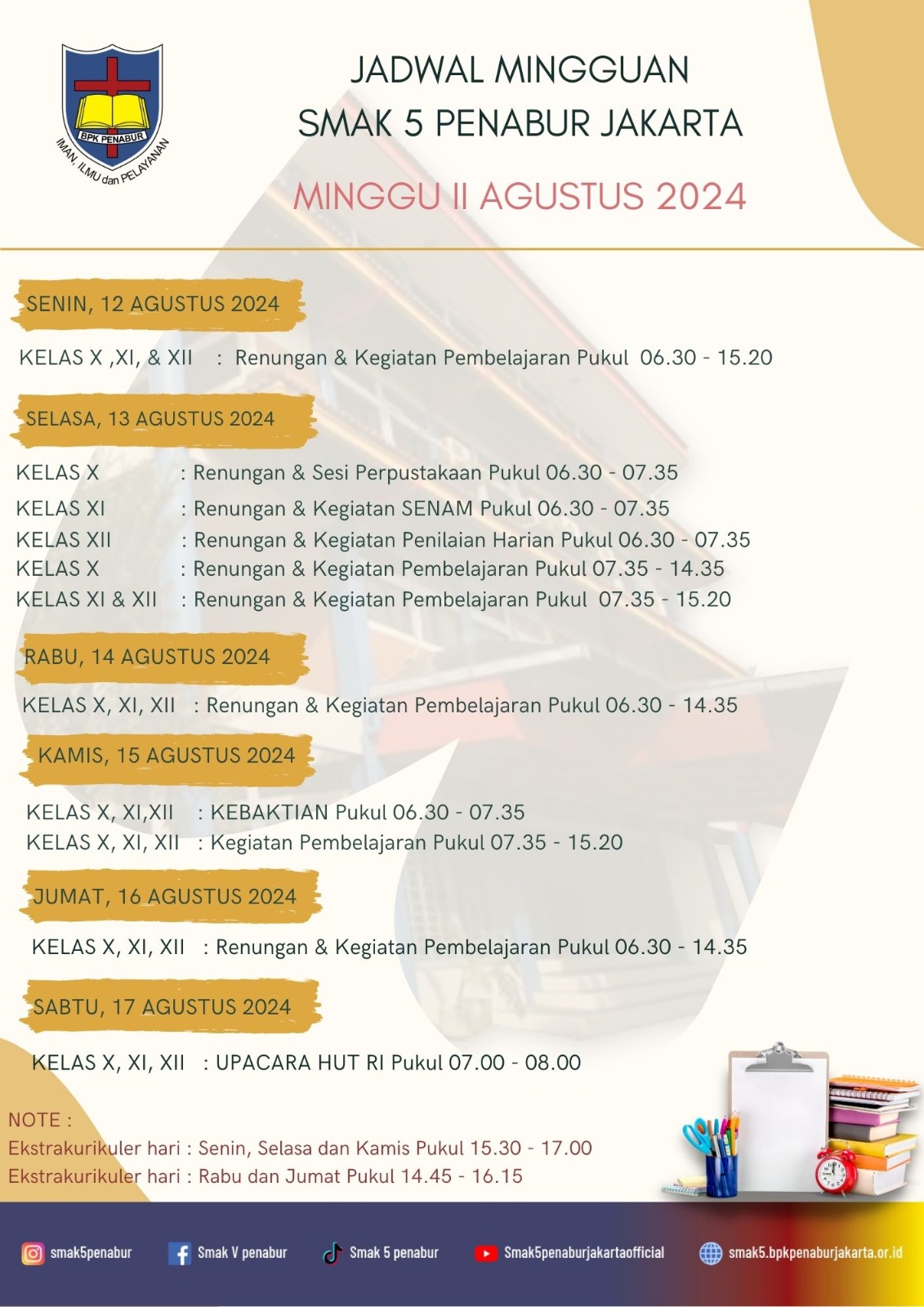 Jadwal Minggu II Agustus 2024 SMAK 5 PENABUR Jakarta