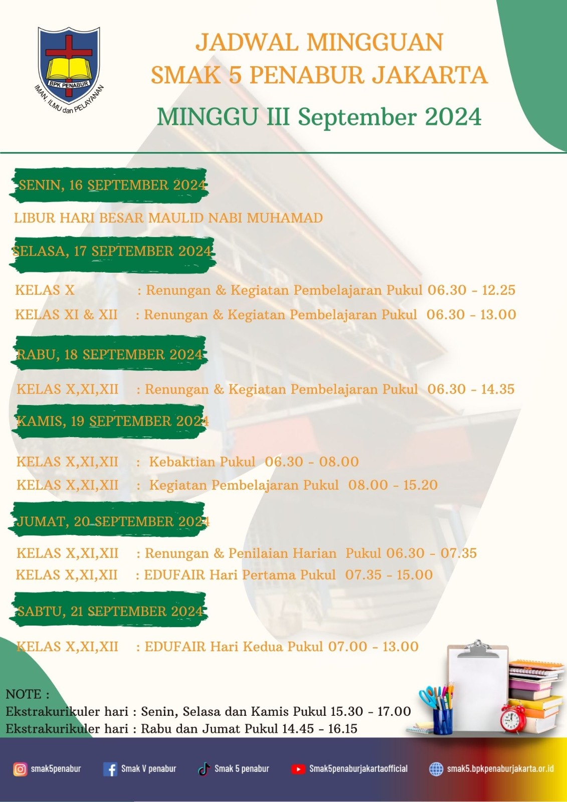 Jadwal Minggu III September 2024 SMAK 5 PENABUR Jakarta