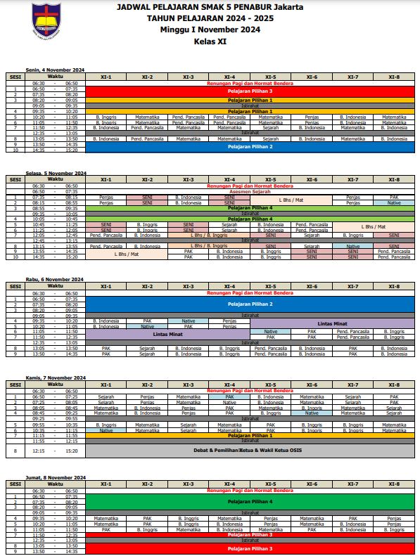 Jadwal Pelajaran Kelas XI SMAK 5 PENABUR Jakarta Tahun Pelajaran 2024-2025 Minggu I November 2024