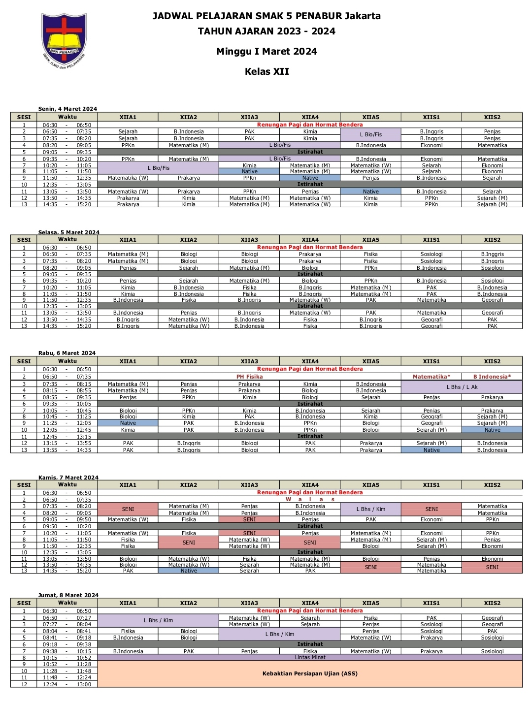 Jadwal Pelajaran Bulan Maret Minggu I Kelas XII