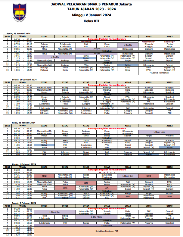 Jadwal Pelajaran Bulan Januari Minggu V Kelas XII