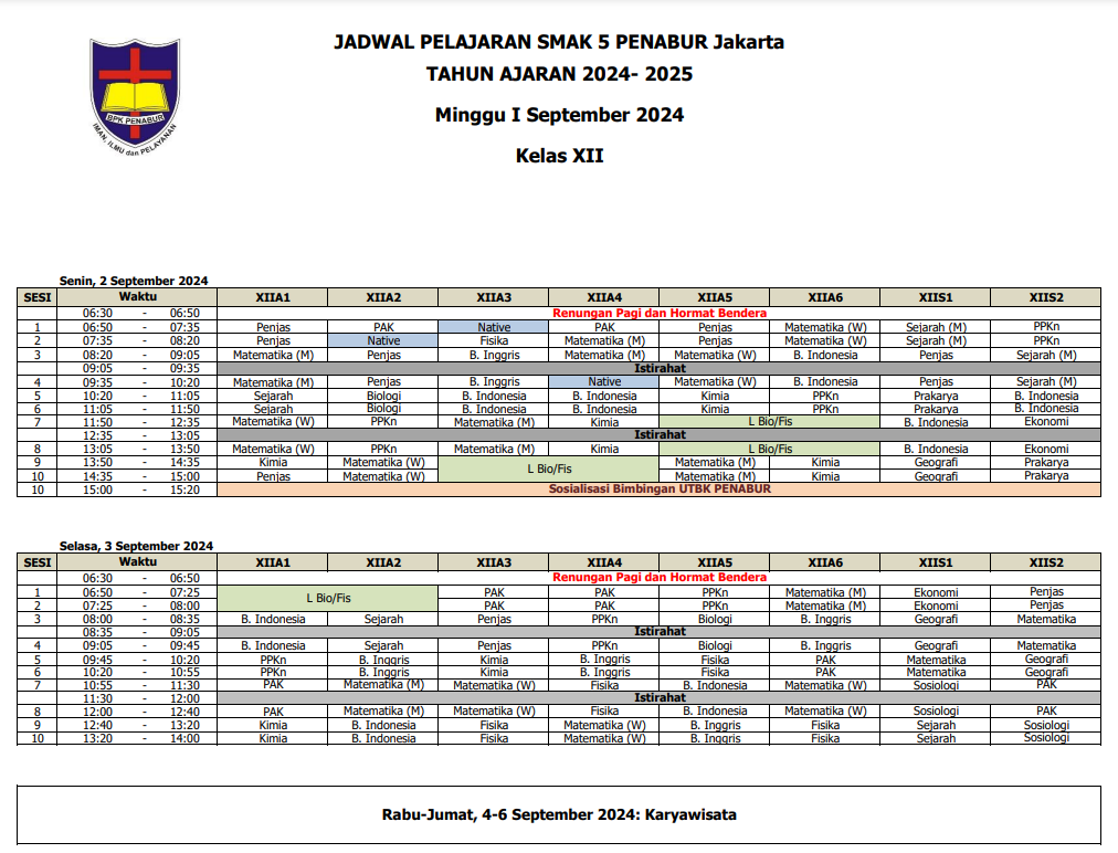 Jadwal Pelajaran Kelas XII SMAK 5 PENABUR Jakarta Tahun Pelajaran 2024-2025 Minggu I September 2024