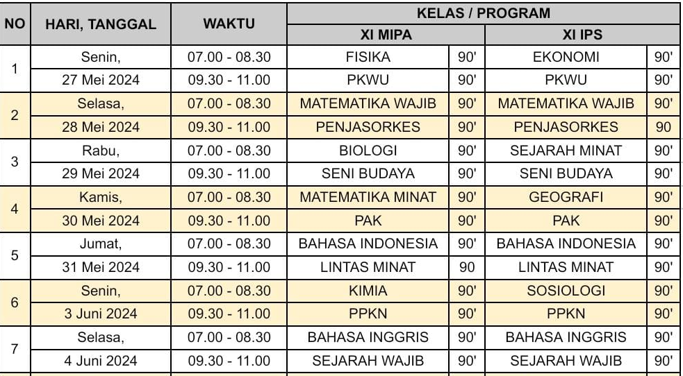 Jadwal Penilaian Akhir Tahun Kelas XI Tahun Pelajaran 2023-2024