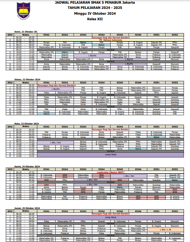 Jadwal Pelajaran Kelas XII SMAK 5 PENABUR Jakarta Tahun Pelajaran 2024-2025 Minggu IV Oktober 2024