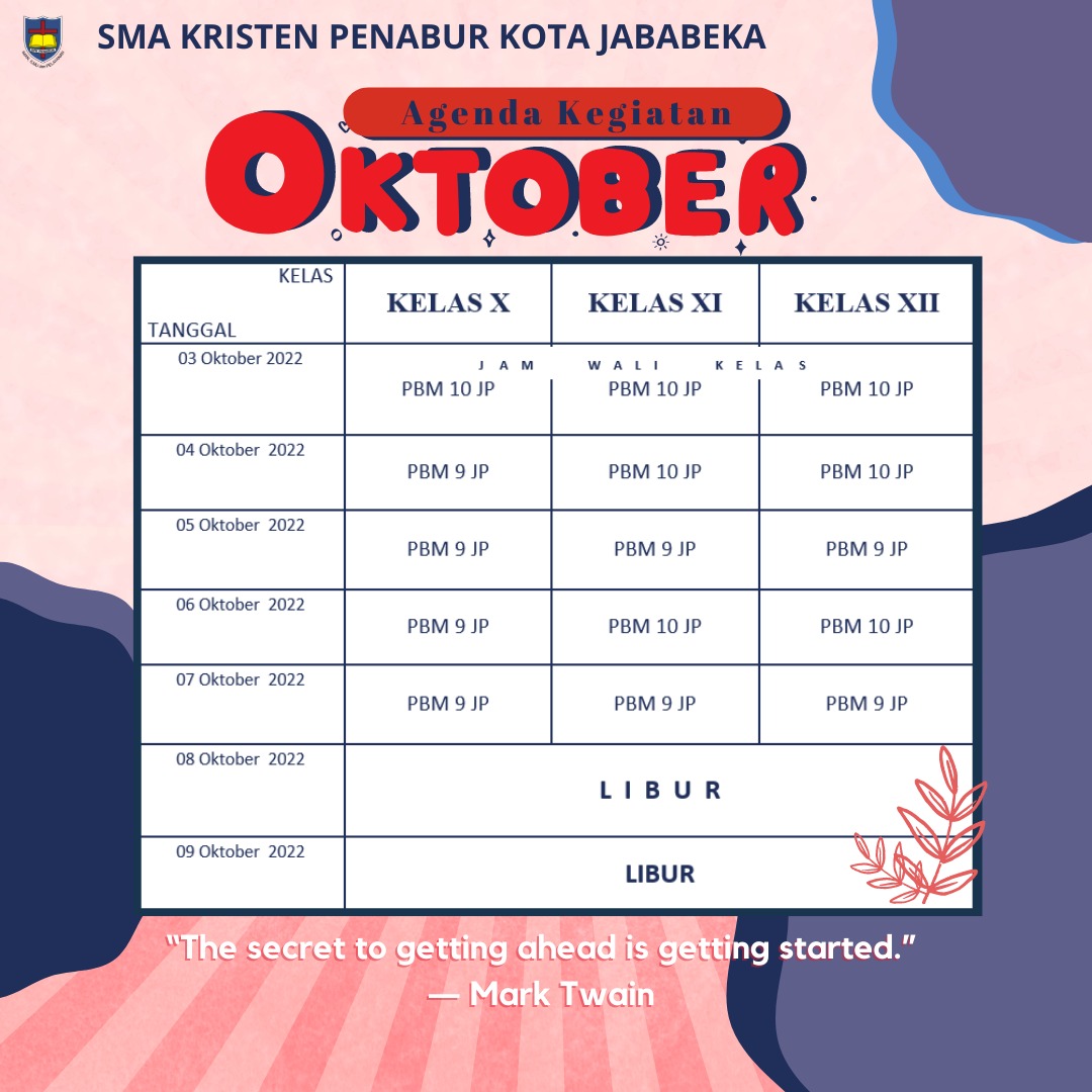 Jadwal Mingguan : 3 Oktober  - 9 Oktober 2022