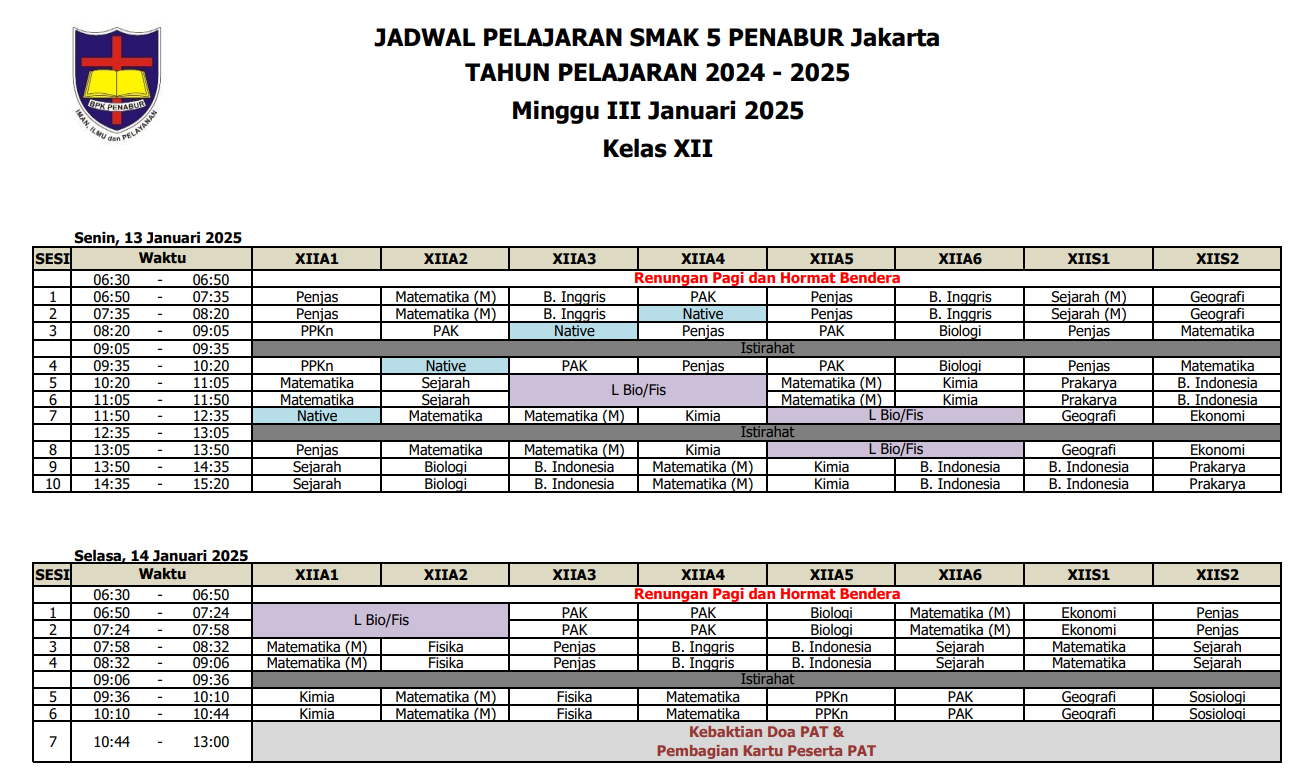 Jadwal Pelajaran Kelas XII SMAK 5 PENABUR Jakarta Tahun Pelajaran 2024-2025 Minggu III Januari 2025