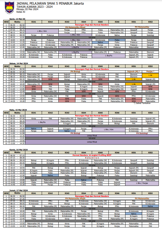 Jadwal Pelajaran Bulan Mei Minggu III Kelas XI