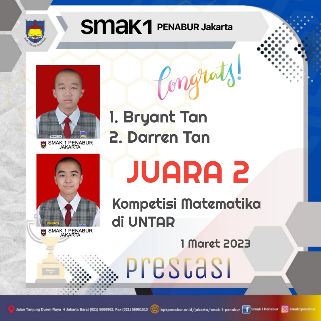 Prestasi Juara 2 Peserta Didik SMAK 1 PENABUR dalam bidang Matematika pada Kompetisi Matematika di UNTAR