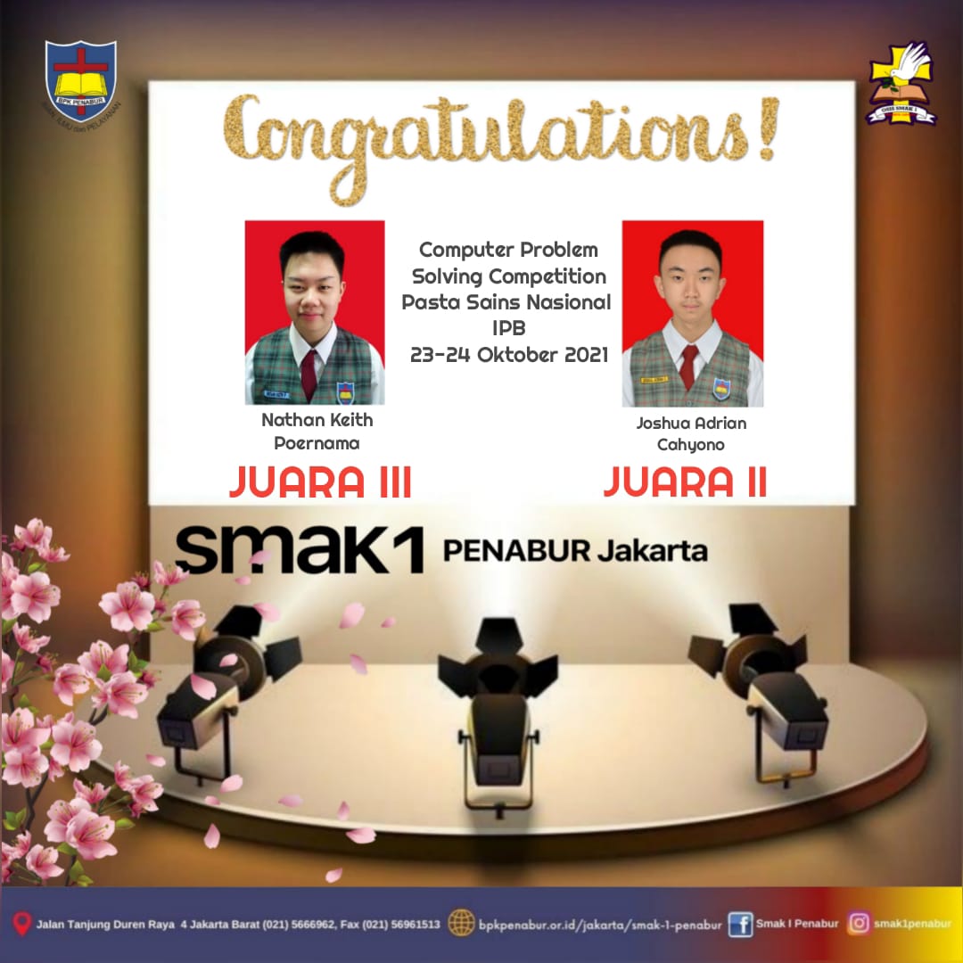 Prestasi Siswa SMAK 1 PENABUR Jakarta memperoleh Juara 2 dan 3 dalam Computer Problem Solving Competition Pesta Sains Nasional IPB 23-24 Oktober 2021