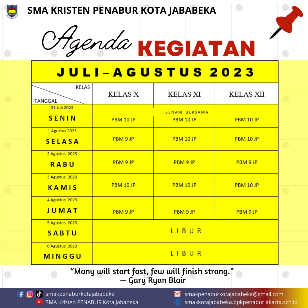 Jadwal Mingguan : 31 Juli- 6 Agustus 2023