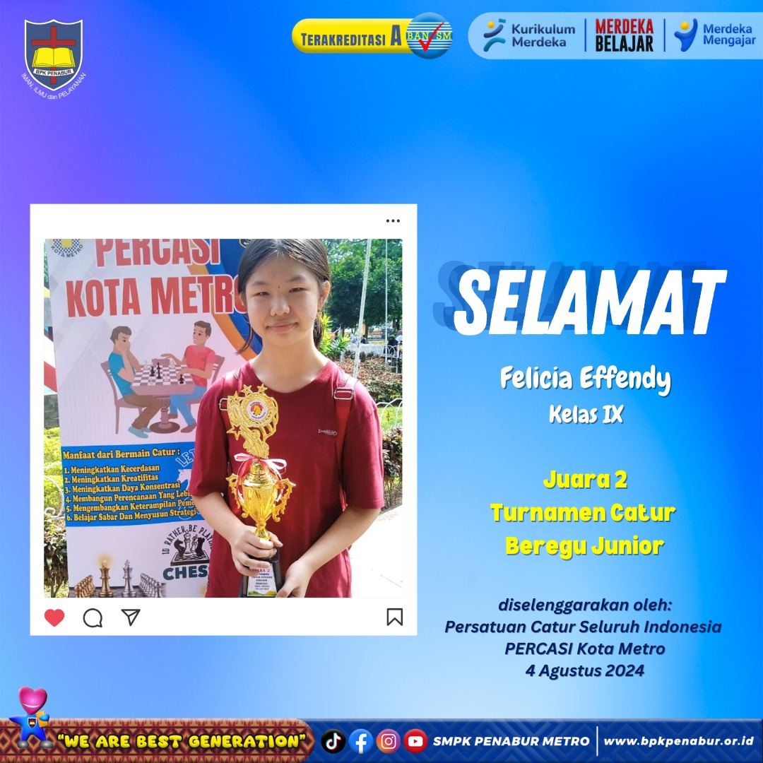 FELICIA EFFENDY JUARA 2 TURNAMEN CATUR BEREGU PERCASI KOTA METRO (MINGGU, 4 AGUSTUS 2024)