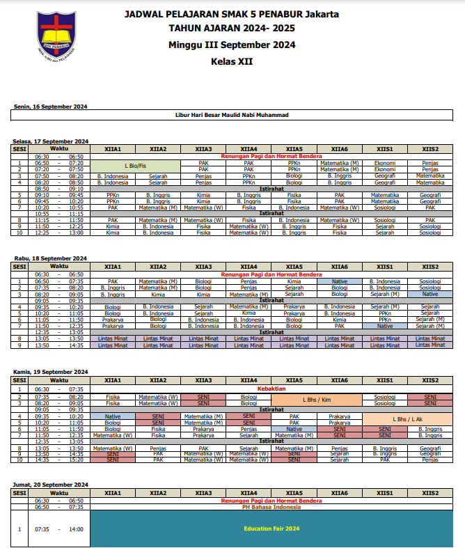 Jadwal Pelajaran Kelas XII SMAK 5 PENABUR Jakarta Tahun Pelajaran 2024-2025 Minggu III September 2024