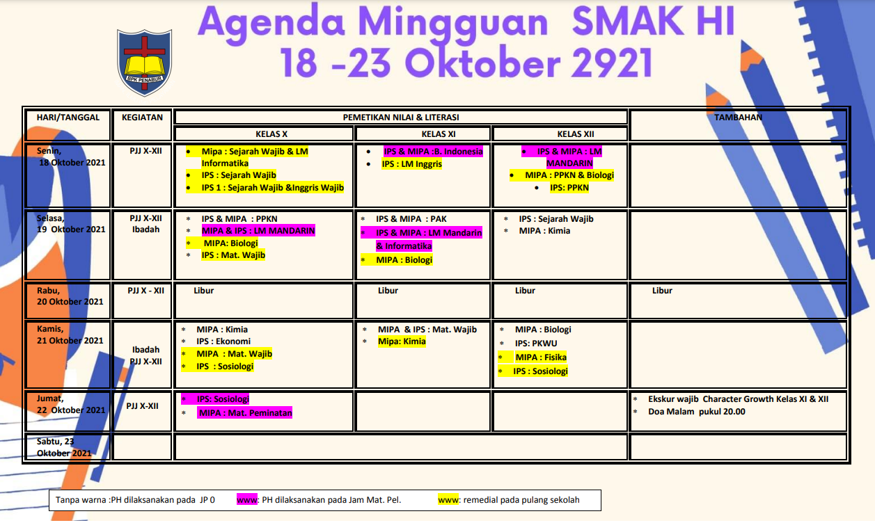 Agenda Mingguan, Senin - Jumat 18-23 Oktober 2021