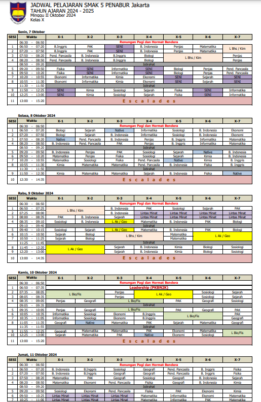 Jadwal Pelajaran Kelas X SMAK 5 PENABUR Jakarta Tahun Pelajaran 2024-2025 Minggu II Oktober 2024