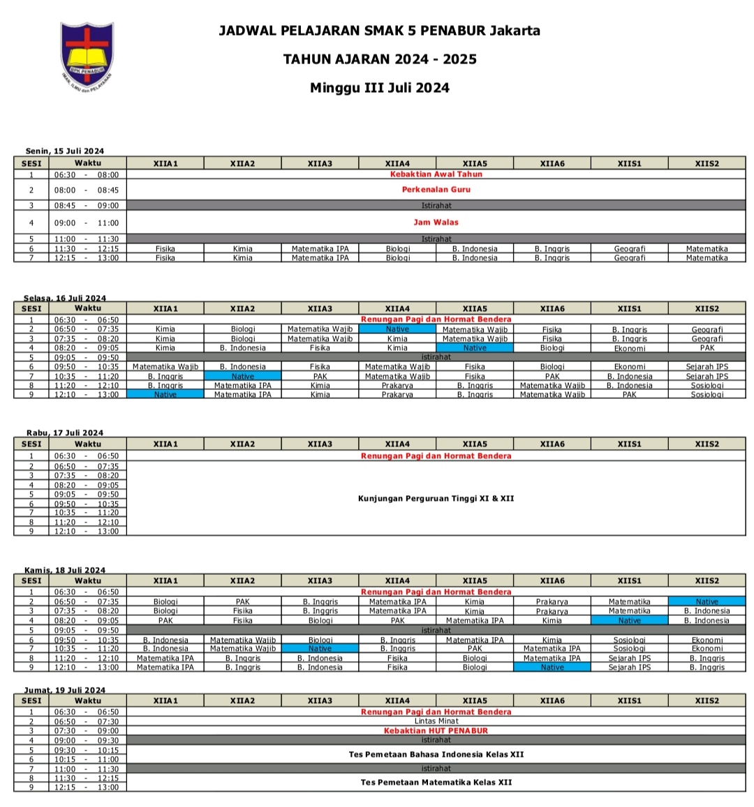 Jadwal Pelajaran Kelas XII SMAK 5 PENABUR Jakarta Tahun Pelajaran 2024-2025 Minggu III Juli 2024